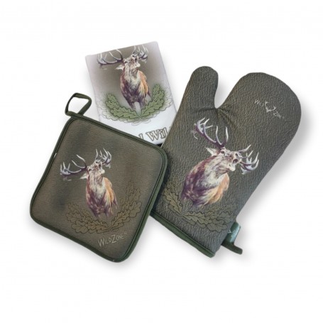 Kitchen WILD ZONE set with roaring deer print (green)